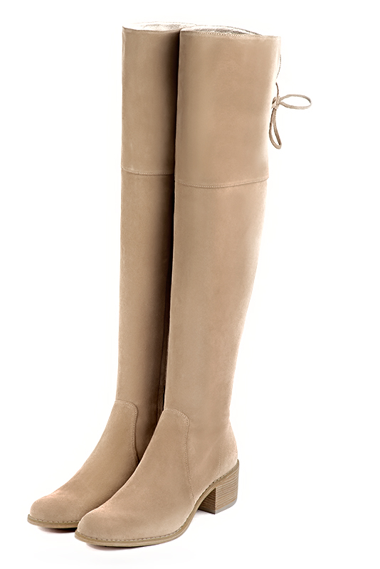 Tan beige women's leather thigh-high boots. Round toe. Low leather soles. Made to measure - Florence KOOIJMAN